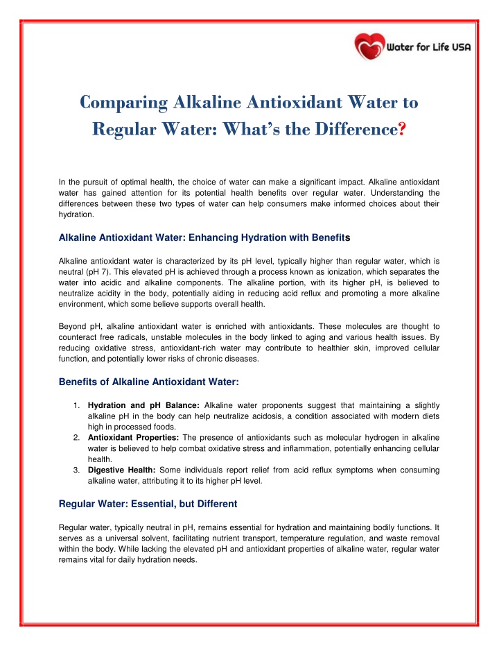 comparing alkaline antioxidant water to regular