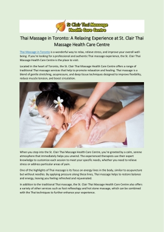 Thai Massage in Toronto: A Relaxing Experience at St. Clair Thai Massage Health