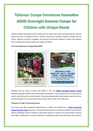 Talisman Camps Introduces Innovative ADHD Overnight Summer Camps for Children with Unique Needs