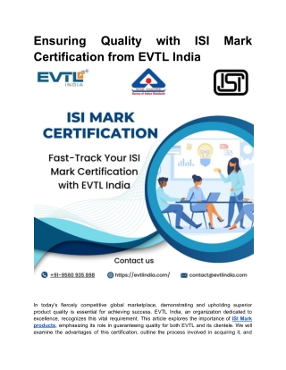 Ensuring Quality with ISI Mark Certification from EVTL India
