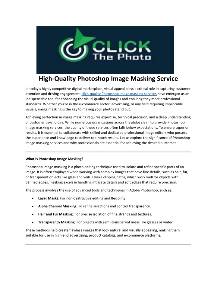 high quality photoshop image masking service