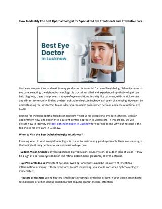 How to Identify the Best Ophthalmologist for Specialized Eye Treatments and Preventive Care