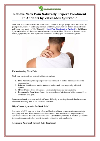 Neck Pain Treatment in Andheri by Valkhades Ayurvedic