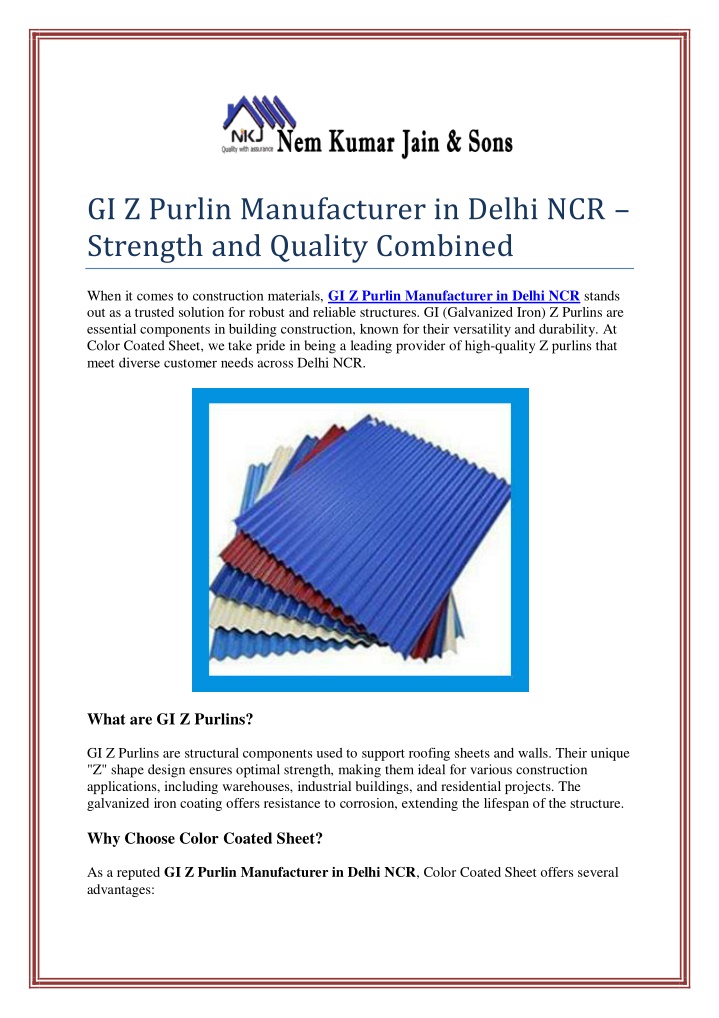 gi z purlin manufacturer in delhi ncr strength