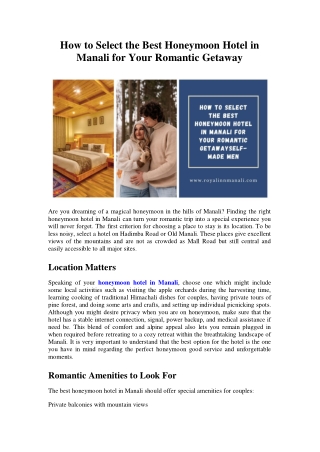 How to Select the Best Honeymoon Hotel in Manali for Your Romantic Getawayself-made men