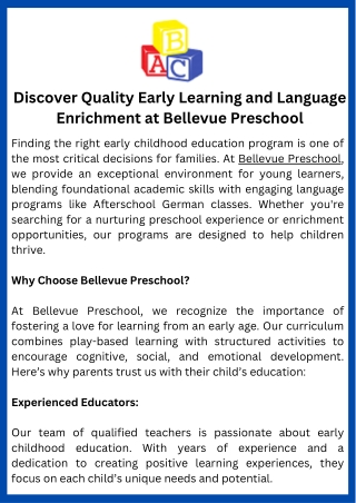 Discover Quality Early Learning and Language Enrichment at Bellevue Preschool