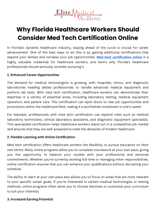 Why Florida Healthcare Workers Should Consider Med Tech Certification Online