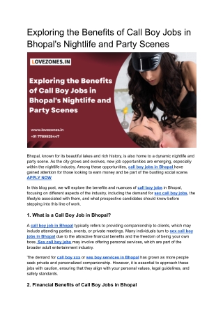 Exploring the Benefits of Call Boy Jobs in Bhopal's Nightlife and Party Scenes