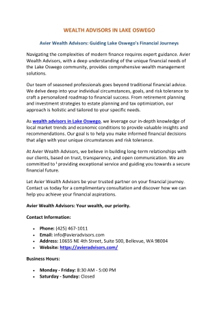 wealth advisors in lake oswego