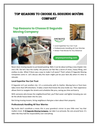 Top Reasons to Choose El Segundo Moving Company