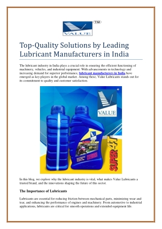 Top-Quality Solutions by Leading Lubricant Manufacturers in India