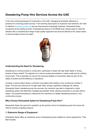 Dewatering Pump Hire Services Across the UAE