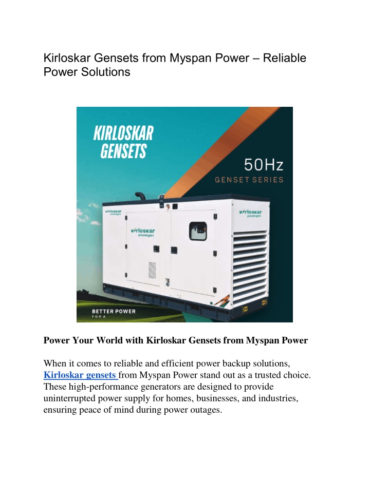 kirloskar gensets from myspan power reliable