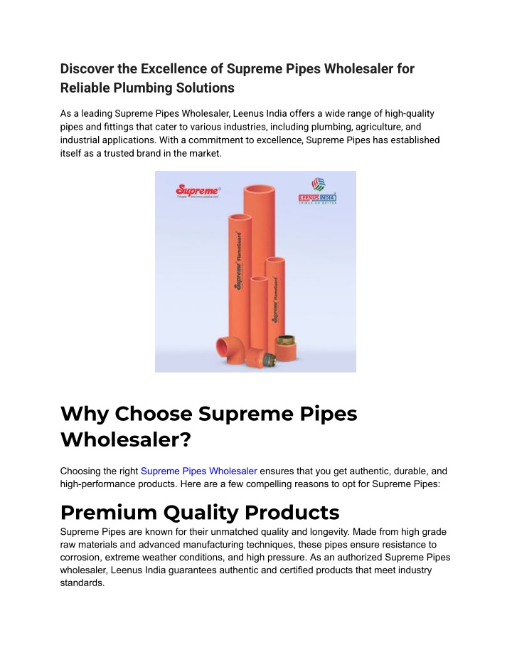 discover the excellence of supreme pipes