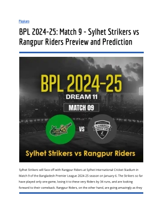 BPL 2024-25_ Match 9 - Sylhet Strikers vs Rangpur Riders Preview and Prediction
