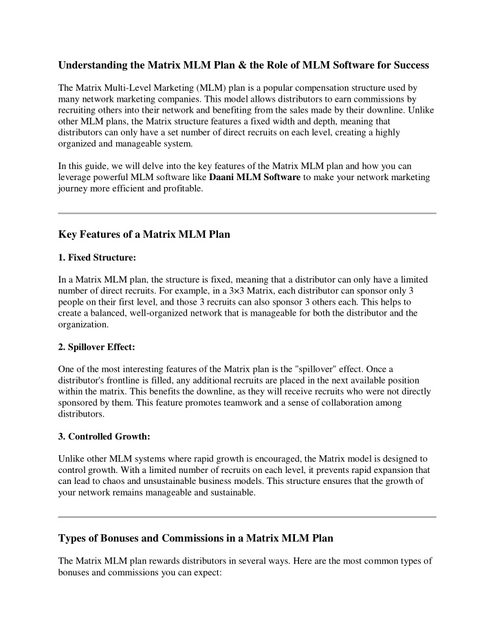 understanding the matrix mlm plan the role