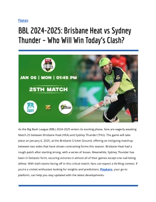 BBL 2024-2025_ Brisbane Heat vs Sydney Thunder – Who Will Win Today’s Clash_