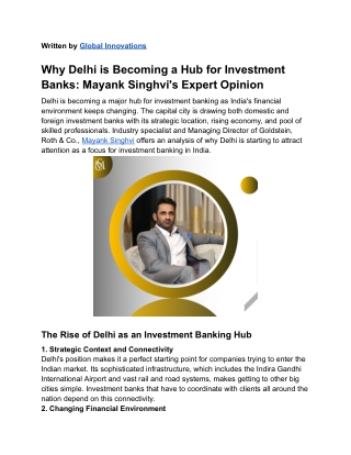 Mayank Singhvi's Insights on Why Delhi Is Emerging as a Hub for Investment Bank