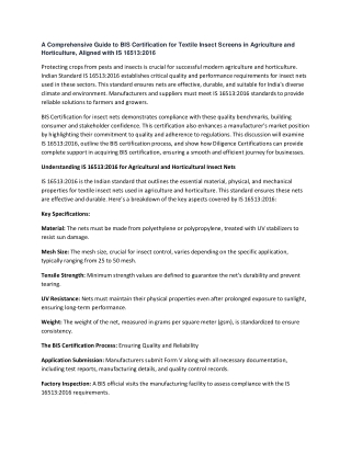 A Comprehensive Guide to BIS Certification for Textile Insect Screens in Agricul