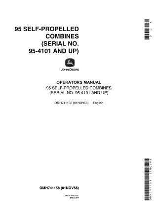 John Deere 95 Self-Propelled Combines Operator’s Manual Instant Download (PIN95-4101 and up) (Publication No.OMH741158)