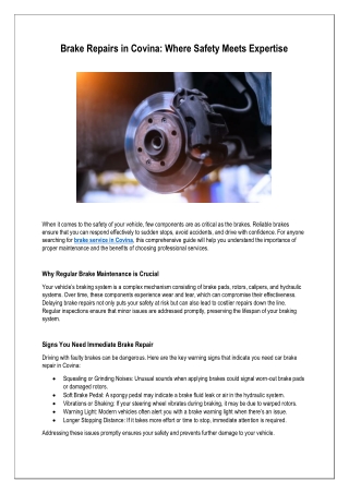 Brake Repairs in Covina: Where Safety Meets Expertise
