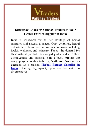 Benefits of Choosing Vaibhav Traders as Your Herbal Extract Supplier in India