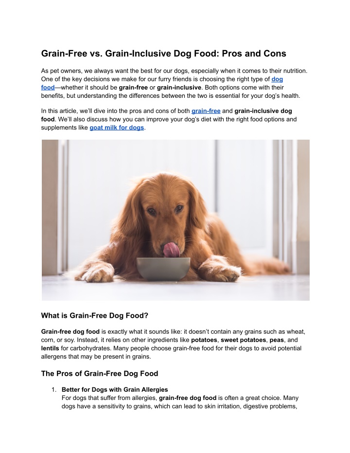 grain free vs grain inclusive dog food pros