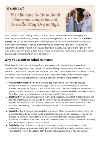 The Ultimate Guide to Adult Raincoats and Raincoat Overalls Stay Dry in Style