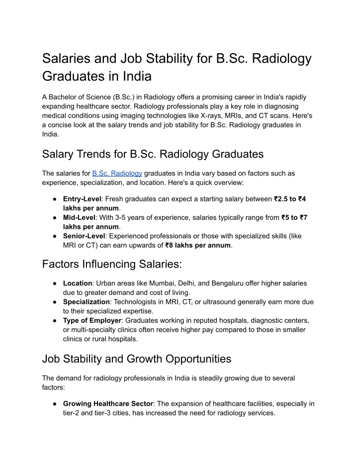 salaries and job stability for b sc radiology