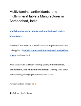 Multivitamins, antioxidants, and multimineral tablets Manufecturer in Ahmedabad, India