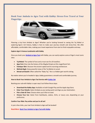 Book Your Ambala to Agra Taxi with Kabby: Stress-Free Travel at Your Fingertips