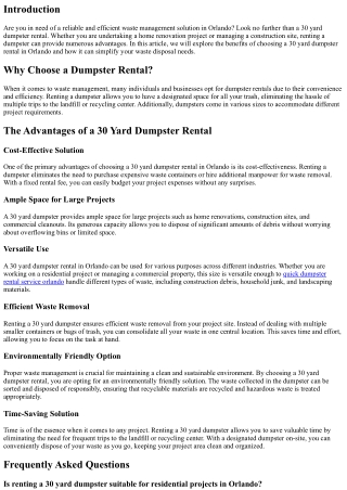 The Advantages of Choosing a 30 Yard Dumpster Rental in Orlando