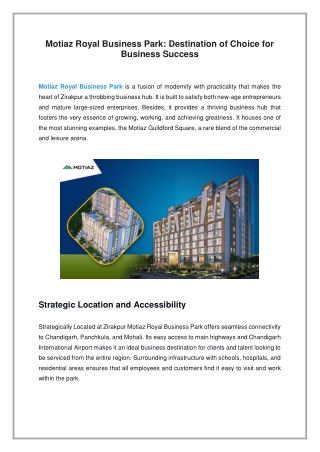 Motiaz Royal Business Park, Destination of Choice for Business Success