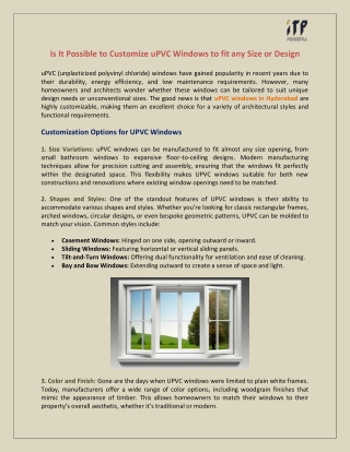 Is It Possible to Customize uPVC Windows to fit any Size or Design?