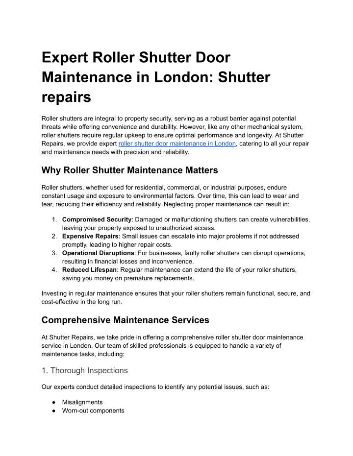 expert roller shutter door maintenance in london