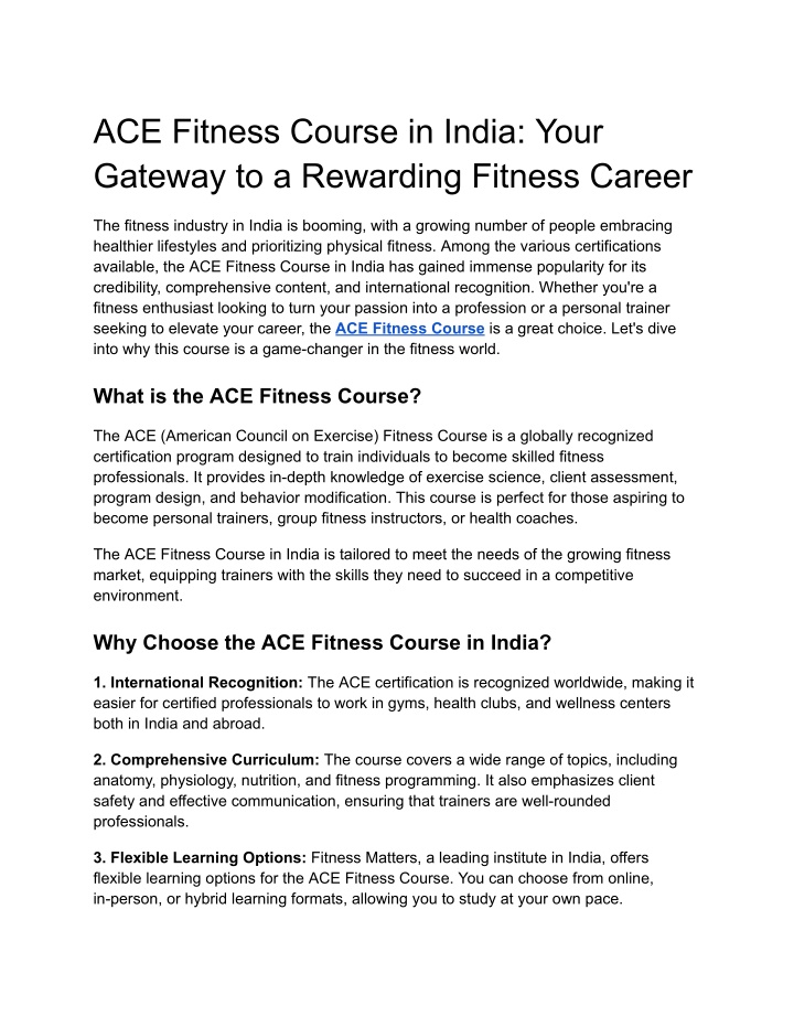 ace fitness course in india your gateway