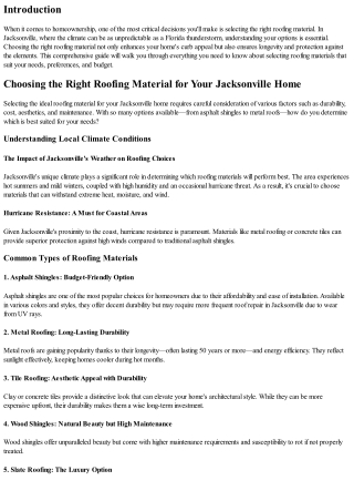 Choosing the Right Roofing Material for Your Jacksonville Home