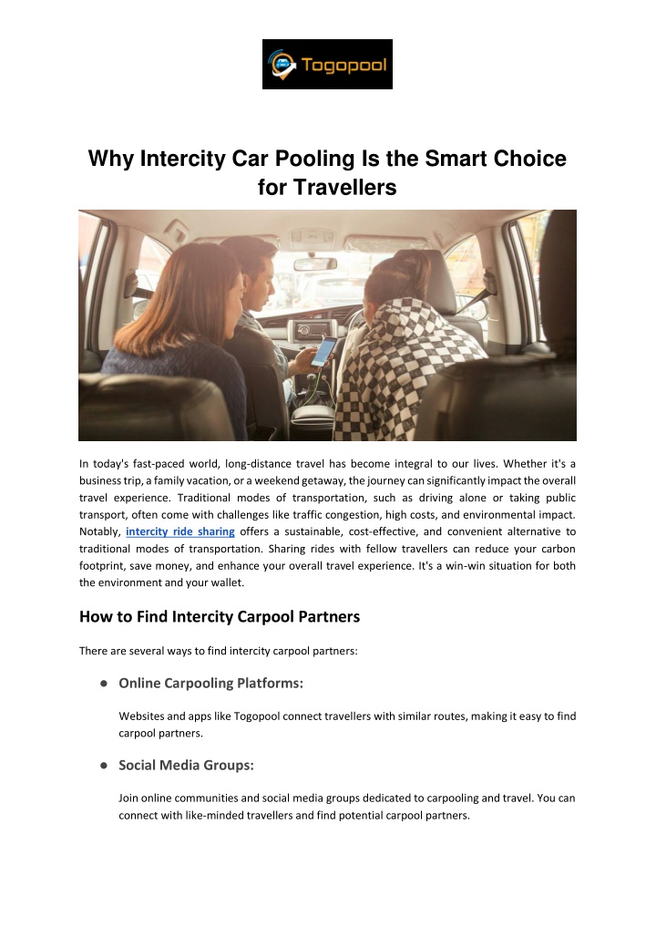 why intercity car pooling is the smart choice