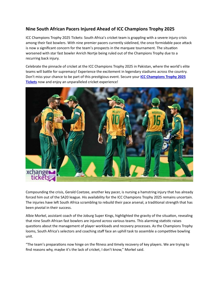 PPT Nine South African Pacers Injured Ahead of Champions Trophy 2025