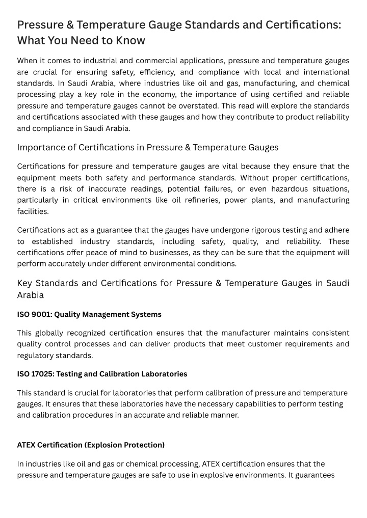 pressure temperature gauge standards