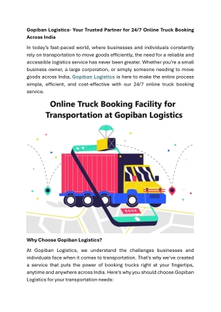 Gopiban Logistics- Your Trusted Partner for 247 Online Truck Booking Across India