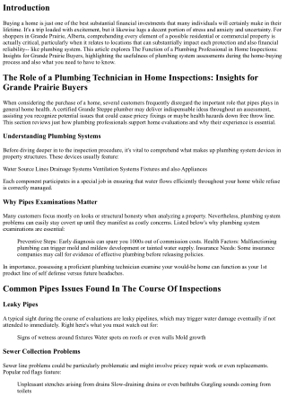 The Part of a Plumber in Home Inspections: Insights for Grande Prairie Purchaser