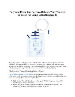 Polymed Urine Bag Polyuro Deluxe: Trusted Solution for Urine Collection Neeeds