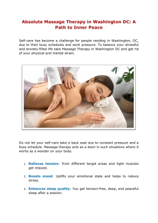 Absolute Massage Therapy in Washington DC: A Path to Inner Peace