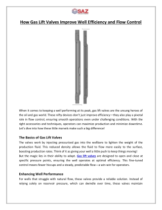 How Gas Lift Valves Improve Well Efficiency and Flow Control