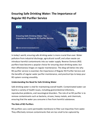 Ensuring Safe Drinking Water: The Importance of Regular RO Purifier Service