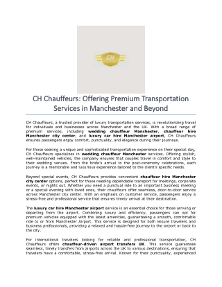 CH Chauffeurs- Offering Premium Transportation Services in Manchester and Beyond