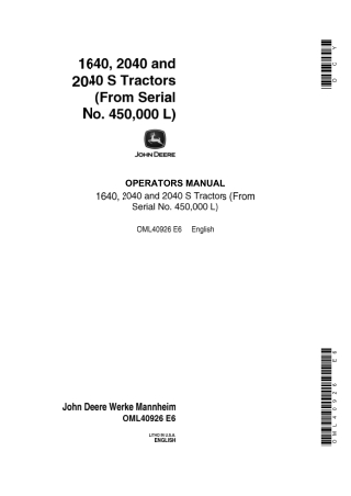 John Deere 1640 2040 and 2040 S Tractors Operator’s Manual Instant Download (Pin.450000L) (Publication No.OML40926)