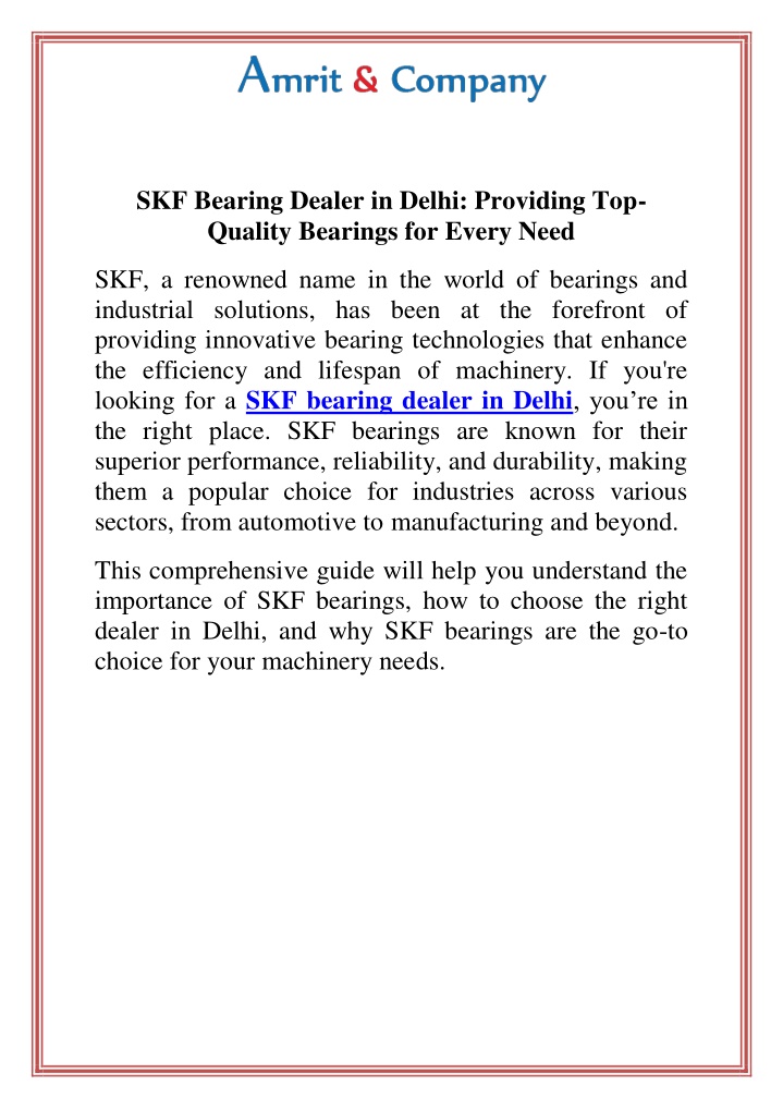 skf bearing dealer in delhi providing top quality