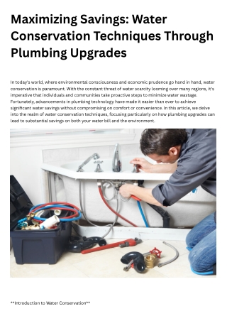 Maximizing Savings: Water Conservation Techniques Through Plumbing Upgrades